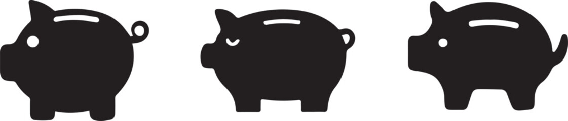 Three minimalist piggy bank silhouettes in black, symbolizing savings, finance, and investment, ideal for banking, financial planning, and economic concept designs or educational materials

