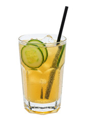 Refreshing drink sparkling beverage with ice, cucumber slices, and a black straw