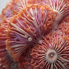 A detailed close up view of a vibrant coral like structure with numerous frilly radially arranged segments in shades of orange and pink featuring a small white bead like organism near the center
