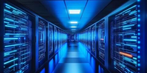 Fototapeta premium High-Tech Data Center Interior with Rows of Servers Illuminated, Showcasing Modern Computing Power