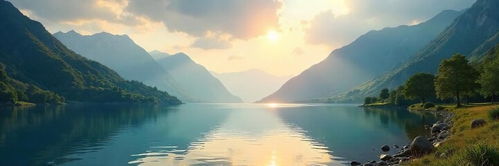 Fototapeta premium Sunlit Mountain Lake Peaceful Landscape Ideal for Prayer, Meditation, and Spiritual Content