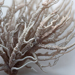 A highly detailed abstract representation of an organic branching structure resembling coral or a plant with intricate textures and a muted color palette