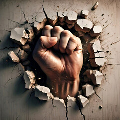 A human fist dramatically punches through a wall shattering it into pieces