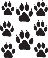 Fototapeta premium Seven black animal paw prints with textured edges on a white background, representing wildlife, domestic pets, tracking, and natural elements, ideal for rustic or adventurous designs