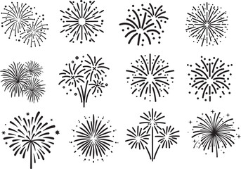 Collection of diverse fireworks silhouettes and line art, perfect for celebrating holidays, New Year's Eve, festivals, and festive events, adding a joyful and explosive graphic element

