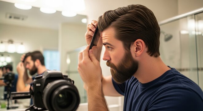 Man Combing His Hair in Bathroom Mirror, Vlogging Setup, Stylish Beard and Haircut