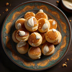 A platter of small golden brown pastries some topped with white cream or icing is presented on a decorative plate