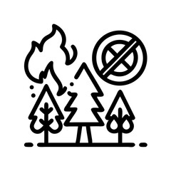 Black and white illustration of trees and a fire symbol with a prohibition sign, emphasizing forest fire prevention