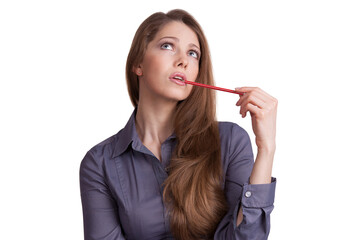 Girl with a pencil thinking about something.