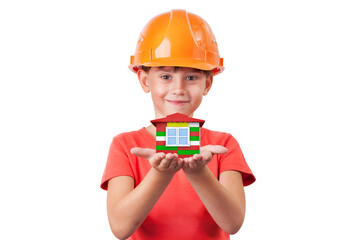 Girl in a helmet holding toy house.