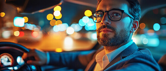 Man wearing glasses driving a car at night in the city. Suitable for advertising cars, city life and night trips.