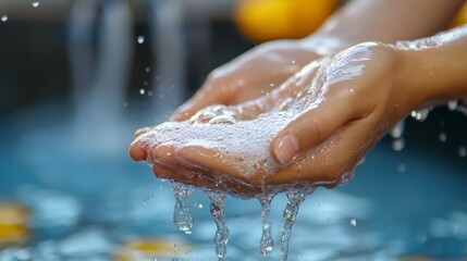Hands under water jet. Suitable for articles about hygiene, health and skin care, as well as for advertising cosmetics and bathroom accessories.