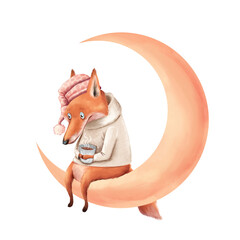 Cozy Fox in Nightcap on Crescent Moon Illustration