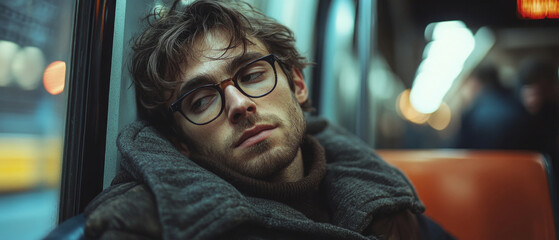 A young man in glasses looking through the window of public transport, looks thoughtful. Suitable for articles about urban life and public transportation.