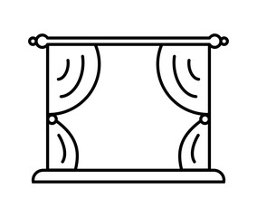 Curtain line icon. Theater stage drapery. Shade on open window. Home decoration fabric. Blinds on balcony. House interior design. Pleated curtains hanging from a curtain rod. Vector illustration.