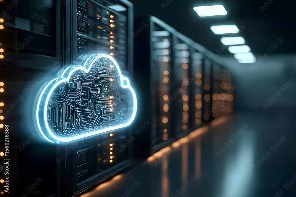 Poster 3d rendering of a glowing cloud icon on a data center with virtual clouds in the background, close-u