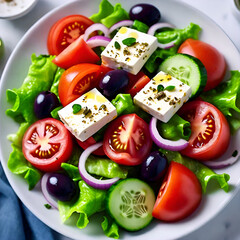 A vibrant and fresh greek salad featuring crisp lettuce ripe tomatoes cucumber slices red onion black olives and generous cubes of feta cheese sprinkled with herbs all presented on a white plate