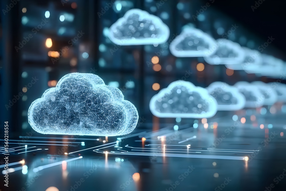 Poster 3d rendering of a glowing cloud icon on a data center with virtual clouds in the background, close-u