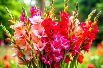 Elegant Bouquet of Red Gladiolus Flowers with Lush Greenery, Generative AI