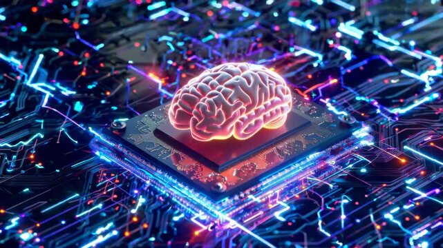 Artificial brain at the center of an intricate circuit board, symbolizing the connection between neuroscience and technology, highlighting innovation and collaboration