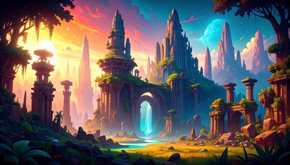 Obraz premium Enchanted Sunset Ruins: A Fantasy Landscape