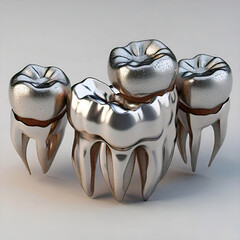 Four metallic dental crowns with one crown shown being placed over a prepared tooth