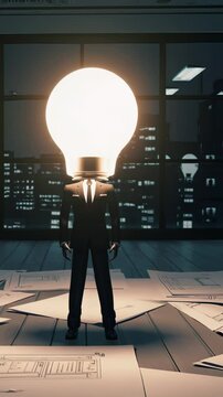Business figure with light bulb for a head stands on scattered blueprints in a contemporary office, representing creativity and innovation in business