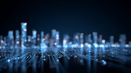 Futuristic city skyline glows with technology and circuit board patterns in a modern, digital abstract concept.
