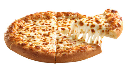 Cheese pizza slice with gooey cheese pull on white background, side angle view