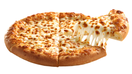 Cheese pizza slice with gooey cheese pull on white background, side angle view