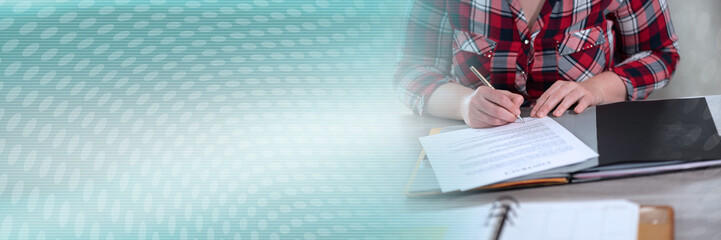 Woman hands signing a document; panoramic banner