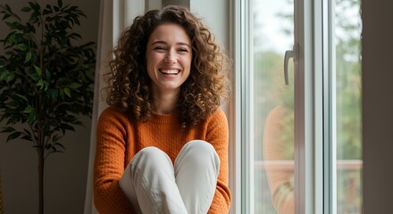 This is a cheerful portrait of a woman with curly hair, sitting by a window and smiling brightly.