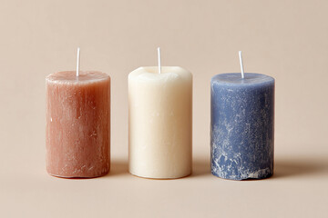 three unlit candles in red, white, and blue in a row