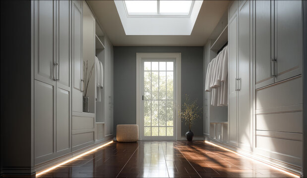 Bright walk in closet with skylight, white cabinetry, wooden floor, natural light, glass door, modern style, peaceful atmosphere - Powered by Adobe