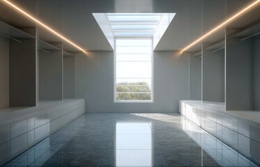 Fototapeta premium Modern walk in closet with skylight, glossy floor, built in storage, minimalistic design, natural light, and serene atmosphere