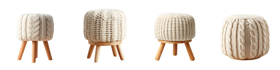 Four Knitted Pouf Ottoman Set on White Background