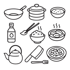 Cooking utensils, food items, and kitchen tools are illustrated simple line art style