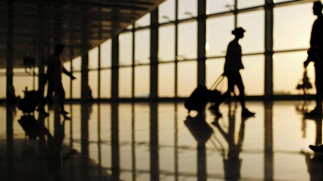 Silhouetted travelers pulling wheeled luggage crossing sunlit airport terminal, capturing travel anticipation and movement during golden hour