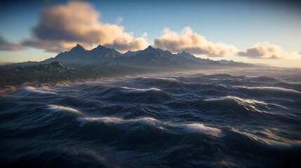 Fototapeta premium Misty mountain range over turbulent ocean