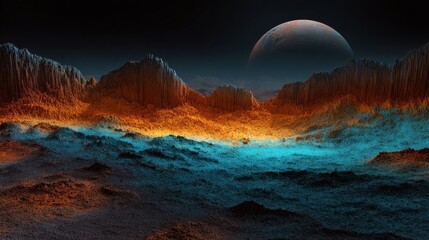 Floating mineral scanner analyzing ore deposits on a dwarf planet.