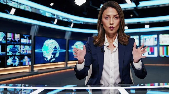 Seamless Loop video of Blue‑suited news journalist delivering real‑time broadcast from studio,Generative AI