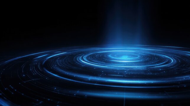 Futuristic 3D hologram projector with blue laser rings and glowing effects, abstract black background, tech style.