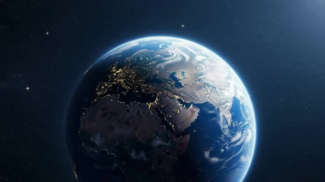 Stunning earth image showing continents and city lights at night. Planet earth with visible details of landmasses and ocean.  This detailed earth image is perfect for videos promoting space exploratio