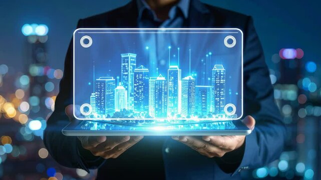A visionary architect holds a futuristic holographic projection of a vibrant cityscape, symbolizing innovation, technological advancement, and the boundless potential of urban planning.