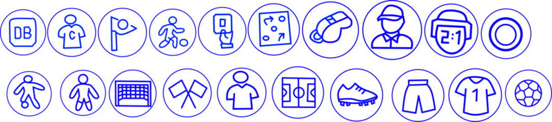 A collection of blue line icons featuring futsal elements such as players, pitch, referee, jersey, scoreboard and whistle. Ideal for apps, infographics and sports media.