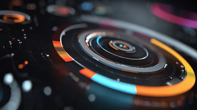 Glowing futuristic interface with rotating pie charts and graphs, minimal color palette, abstract background.