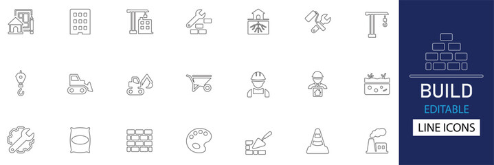 Build best line icon set collection. Modern editable construction, themed line icons perfect for architecture, renovation, engineering, tools, and builder, related projects. Vector illustration.