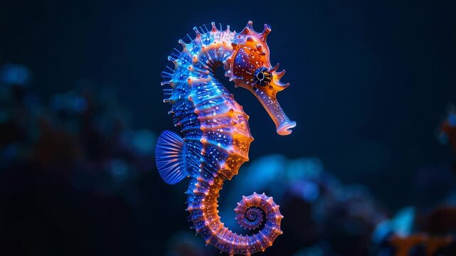 A captivating seahorse gracefully suspended, its unique form illuminated with vibrant hues, creating a mesmerizing underwater tableau. The image is sharp, with an almost dreamlike quality.
