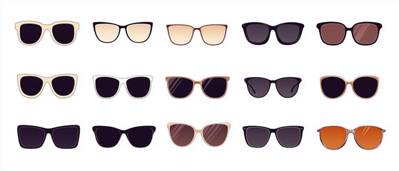 Fifteen realistic vector sunglasses and eyeglasses, showcasing various modern styles and frame colors, ideal for fashion, summer, optical, and eye care-related graphic design projects

