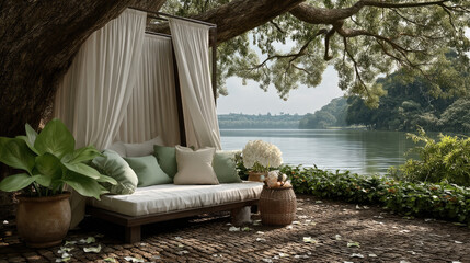 Elegant outdoor daybed with white curtain, green cushion, and potted plant under large tree by tranquil lake, peaceful atmosphere